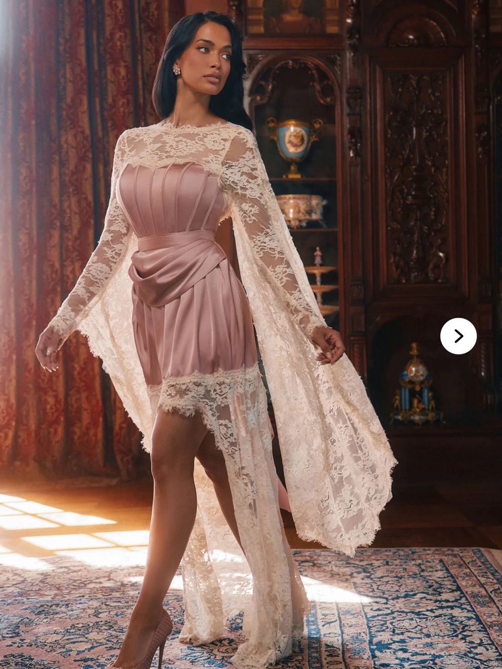 Fashion Nova Amelia Satin Blush Pink Lace-Trim Satin High-Low Mini Dress